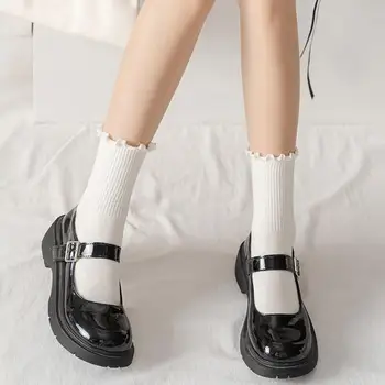 1 чифт Чорапи за жените, памучни чорапи с рюшами, къси, до глезените, дишаща Черно-бял комплект, Пролет-есен