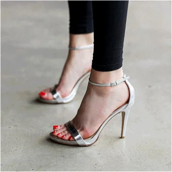 2022 Нови дамски сандали на висок ток, сандали с катарама, златни, сребърни Сватбени обувки, Голям размер на 43, дамски обувки на ток