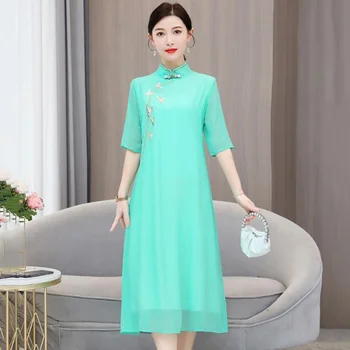 2023 китайското традиционно шифоновое рокля ципао, национална бродерия на цвете, рокля чонсам, източно елегантна сватбена рокля