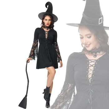 Вещица за cosplay на Хелоуин за възрастни, черно дантелено рокля с деколте, костюм вещица