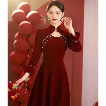 Винтажное Бордовое рокля Сватба облекло за изпичане на булката Есен-зима, женствена рокля с дълги ръкави, плюс размери, елегантна рокля за темперамент