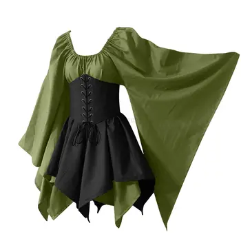 Винтажное Средновековна секси вечерна рокля трапецовидна форма, есента рокля-тръба с дълъг ръкав, нарушения на сърдечния рокля с висока талия, пънк-готик корсетное рокля Vestido