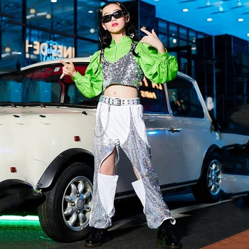 Детски костюми за изказвания в стил хип-хоп, зелени потници, жилетки с пайети, Свободни панталони, костюм за момичета, дрехи за джаз танци DN16742