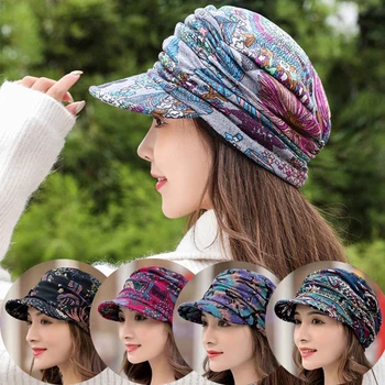 Етнически дамски шапка с къси полета, топло Сгъваема дамска шапка-ушанка в етнически стил С флорални принтом, Есенни и зимни шапки, дрехи, Тюрбан с козирка