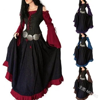 Жена средновековна Макси рокля с дълъг ръкав и по-отворени рамене в ретро готически стил, на два тона рокля в стил мозайка, рокля в пода дантела с корсет