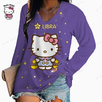 Женска тениска с изображение на HELLO KITTY, cartoony принт, outdoor облекло за почивните дни, ежедневни домашни дрехи с V-образно деколте и дълъг ръкав Essential Basic y2k