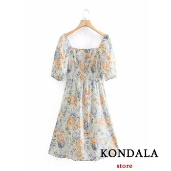 Женствена рокля KONDALA Za с флорални принтом, винтажное рокля с квадратна яка, летни рокли с пищни ръкави, мода 2021, ежедневни рокли