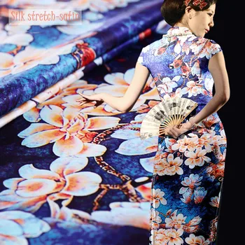 Китайски стил Magnolia Дигитален печат Еластичен сатен, Коприна плат Луксозна шевна облекло материя Шифон Alibaba Express