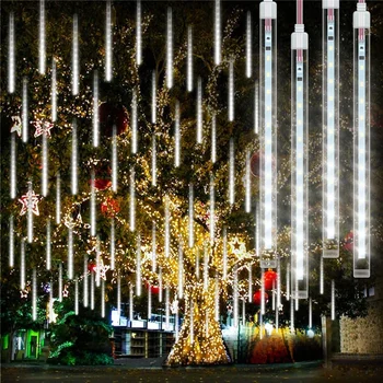 Коледен Метеоритен Дъжд Светлина Открит 50 СМ 8 Тръби 288 LED Icicle Light Водоустойчив Окачен Пада Дъждовна Светлина за Декор на Дърво