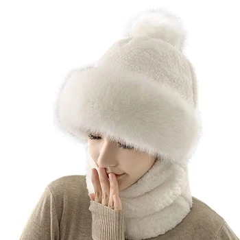 Комплект зимни шапки-бини и шал, Ветрозащитная однотонная зимна шапка и шал на руното облицовки за студено време