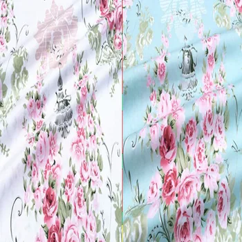 Красив памучен плат 50x160 см бял и син цвят, С големи розови цъфтящи цветя, Цветя от плат за самостоятелно шиене на постелки, завивки за дрехи.