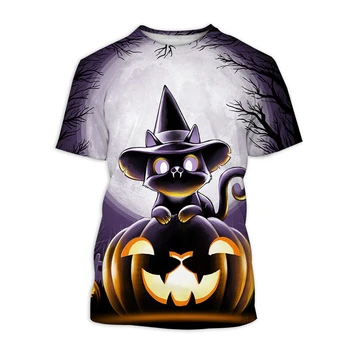 Мъжки ежедневни забавна тениска с 3D-принтом 2023 Котка на Хелоуин, летни модни блузи с къс ръкав в стил хоррор 