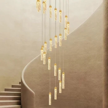 Нови Led висящи лампи Златен Двустепенна таванско помещение, стълбище за всекидневната, Дълга Кристален полилей, Украса на стълбите на хотела, Окачена лампа