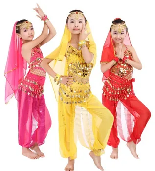 Нови детски костюми за танци ръчно изработени детски костюми за танци, облекла за участия в индийски стил Боливуд, 3 цвята