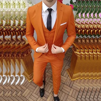 Оранжеви мъжки костюми и лацканом, однобортный Плосък сако за официални партита, оборудвана яке от 3 теми, панталони, жилетка, Елегантен блейзър 2023 г.