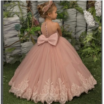 Прекрасни дантелени буйни рокли с аппликацией от розов тюл и лък за момичета-цветочниц, вечерни рокли на принцеси за Първо причастие, рожден Ден