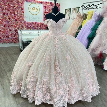 Розово Блестящо Пищни Принцеса рокля За Бала, Тюлевые Апликации, Цветни Мъниста, Милото 16 Рокля Vestidos De 15 Anos