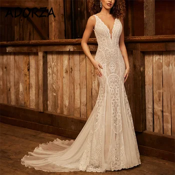 Сватбена рокля ADORZA, иллюзионный V-образно деколте, дантелени апликации, сватбена рокля с елегантни двойни бретелями, придворен струята, Vestido De Noiva за булката