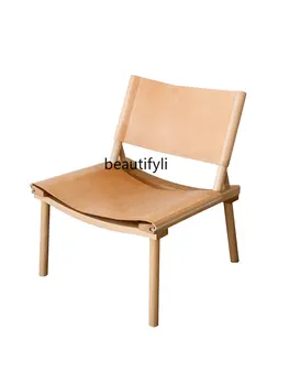 Скандинавски модерен лек Луксозна единична стол за почивка от масивно дърво, кожа от седлото, твърд кожен стол за конференция