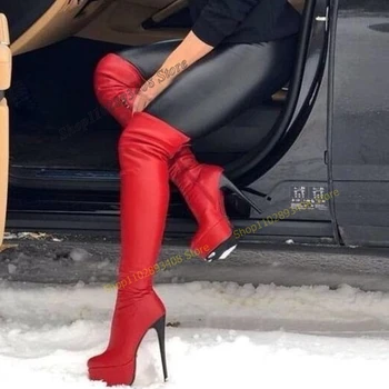 Червени ботуши над коляното на платформата, С кръгло бомбе, на тънък висок ток, с цип, Дамски обувки в западен стил, 2023, Модерен, секси, Zapatos Para Mujere