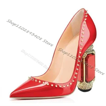 Червени обувки-лодка на ток с нитове и кристали, дамски обувки от лачена кожа, обувки-лодка в етнически стил, есенни елегантни нови лъскави обувки Zapatos Para Mujere