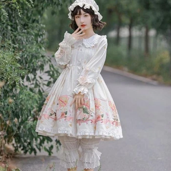 Японското рокля Sweet Lolita OP, Мека момиче, Кавайный cartoony принт, Лък, Къдри, рокли на принцеси, женски красиви вечерни рокли с дълъг ръкав