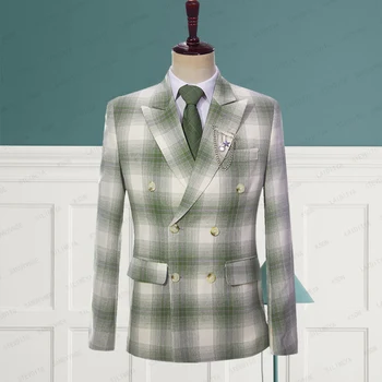 2023 Нова мода За мъже, Лято, Британски стил, Бизнес бельо, Зелено Ретро, Класически клетчатая Мъжки яке за сватбени партита, костюми, палта
