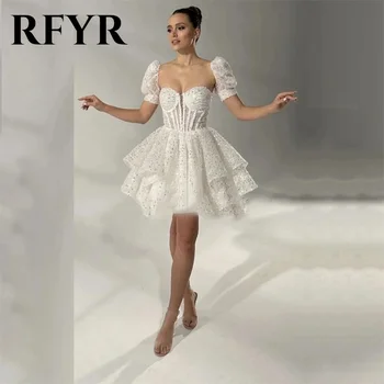 RFYR Кратко бяла вечерна рокля, мини-сватбена рокля трапецовидна форма, във формата на сърце, 2024, рокли за абитуриентски бал с подвижни ръкави, вечерна рокля за булката