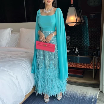 Абитуриентски рокли ROSELLA Blue с квадратна яка на врата, пайети, дължина на щиколотку, Трапециевидное вечерна рокля с пера, Саудитска Арабия, Новост 2023 година