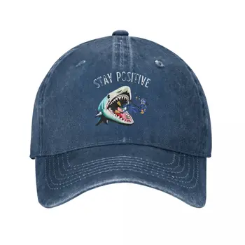 Бейзболна шапка Stay Positive Shark Outfit за мъже и жени, реколта Потертая Деним Выстиранная Забавна Шапка-шапка за татко