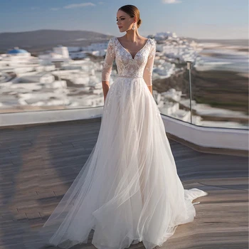Гореща разпродажба 2021 година Приказно дантелени Сватбени рокли за младоженци с 3/4 ръкави, с дълбоко V-образно деколте, Сватбена рокля за булката, без облегалка