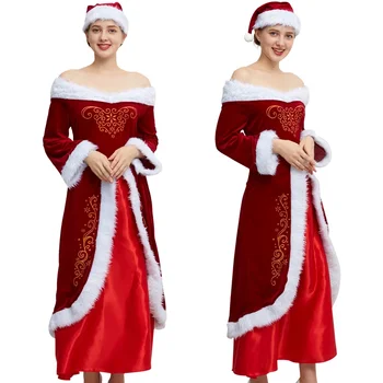Дамски коледни червени луксозни кадифени костюми на Дядо Коледа, костюмиран, празник, парти