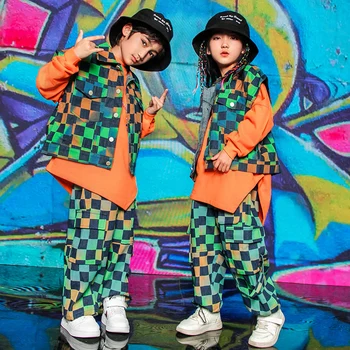 Детски танцови костюми в стил хип-хоп, многоцветен карирани жилетка, Свободни панталони, градинска, облекло Kpop, етап костюми за джаз фестивали за момичета