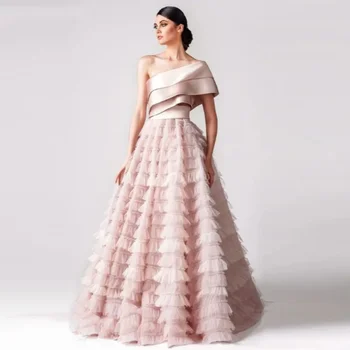Елегантна вечерна рокля от тюл в стил империя OUSIRUI 2024, Розово Плиссированное Вечерна рокля трапецовидна форма с swirls на ръба на едно рамо, с едно рамо.