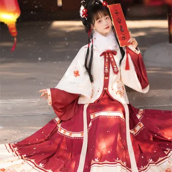 Женска пола Hanfu в китайски стил с ярка конете муцуна, пола с пълна засаждане на талията, есен и зима