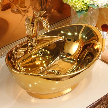Златен настолен Мивка, Керамичен Художествен Мивка в европейски стил за баня Межплатформенный Мивка Модерен Ретро Мивка