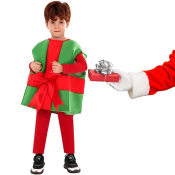 Коледен костюм в кутия за подарък, Новост за деца, сладък празничен костюм за cosplay, за момчета и момичета, детски празнична облекло за сцена, костюми за новогодишна шоу
