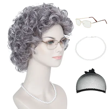 Комплект костюми на старата дама, баба перука, бабини очила, перлена огърлица, Къдрава перука, за партита за възрастни/деца