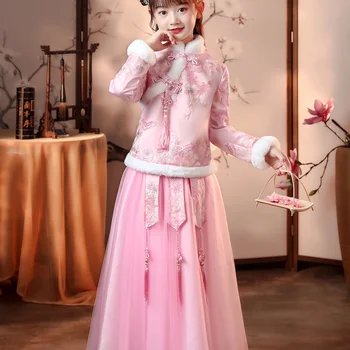Костюми Hanfu Pink Tang за момичета, рокли принцеса с удебелени термосеткой, костюми за изявите на китайския пролетен Нова Година на Заека