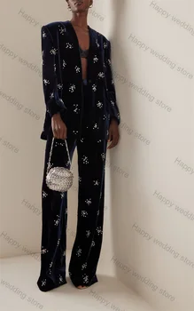 Кристали Velvet Женски костюм, комплект панталон, Сако + панталон, 2 броя, Официални Сватбени смокинги, Изработена по поръчка на Офис яке, палто, костюм за бала