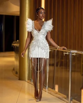 Къса рокля за абитуриентски бал с пайети и аппликацией от пера, Кристални Африкански вечерни рокли, меню с коктейли дрехи на известни личности