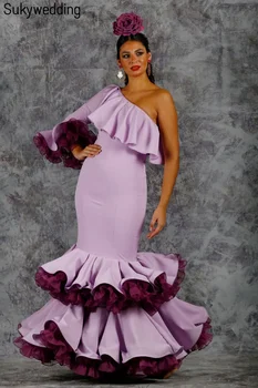 Лавандово-лилави рокли за абитуриентски бал в стил русалка в стил испанското фламенко, диференцирани ретро-дворцовое рокля с едно рамо за жени, вечерни рокли