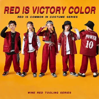 Облекло за момичета на Kpop Дрехи за момчета Уличен танц барабан Сценична облекло Червената серия на Хип-хоп денс костюм за деца джазовое представа