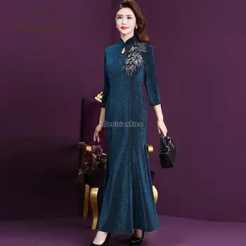 Пролетно новост 2023 г. в китайския национален стил, женски тънката рокля-ципао с шал яка подпора с бродерия, елегантна дълга рокля-ципао с къс ръкав рокля, s856