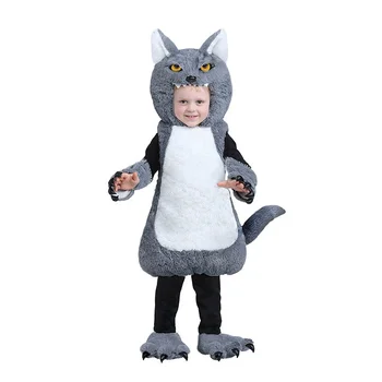 Реч на сцената на детската градина върху Хелоуин, детски мини-костюм на големия сив вълк, за хубаво дете, с костюм от сив вълк