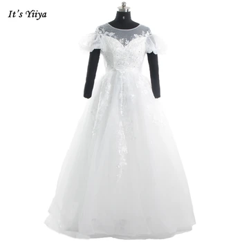 Сватбени рокли It ' s Yiiya, бяло иллюзионное бална рокля с кръгло деколте, аппликацией от мъниста, къси ръкави, рокля на булката големи размери дължина до пода