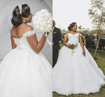Сватбени рокли големи размери Реколта лейси апликация с открити рамене Булчинска рокля с открити рамене дантела отзад Африканска държава