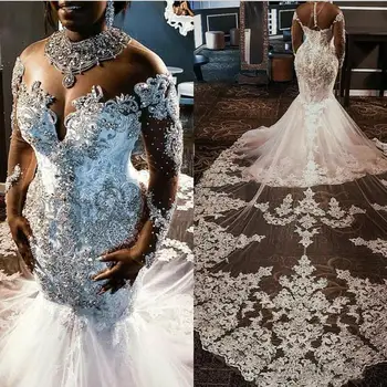 Сватбени рокли на Русалка, кристали, кристали, дантела, бродирани с мъниста, Дълги ръкави, Придворен струята, южна африка булчинската рокля на булката